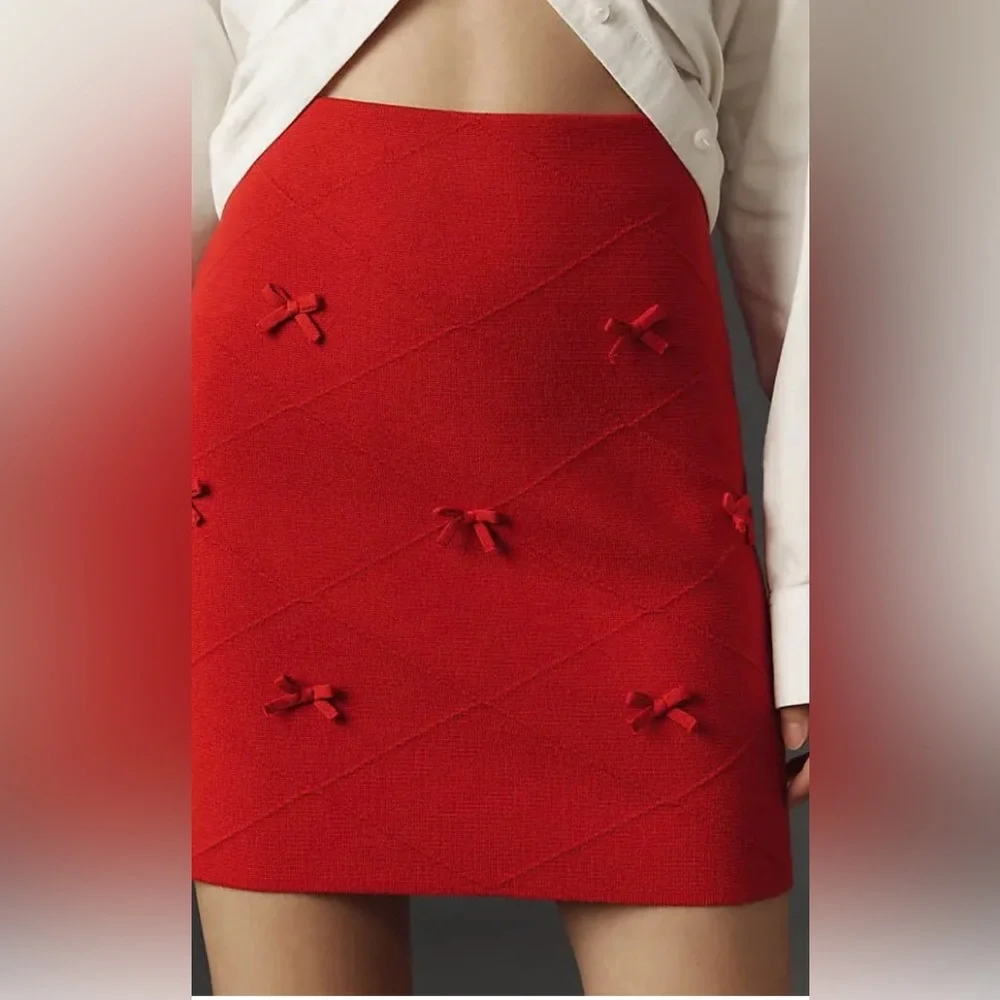 ❤️💐NEW! Anthropologie Maeve Bows Red Pencil Mini Skirt Size Large